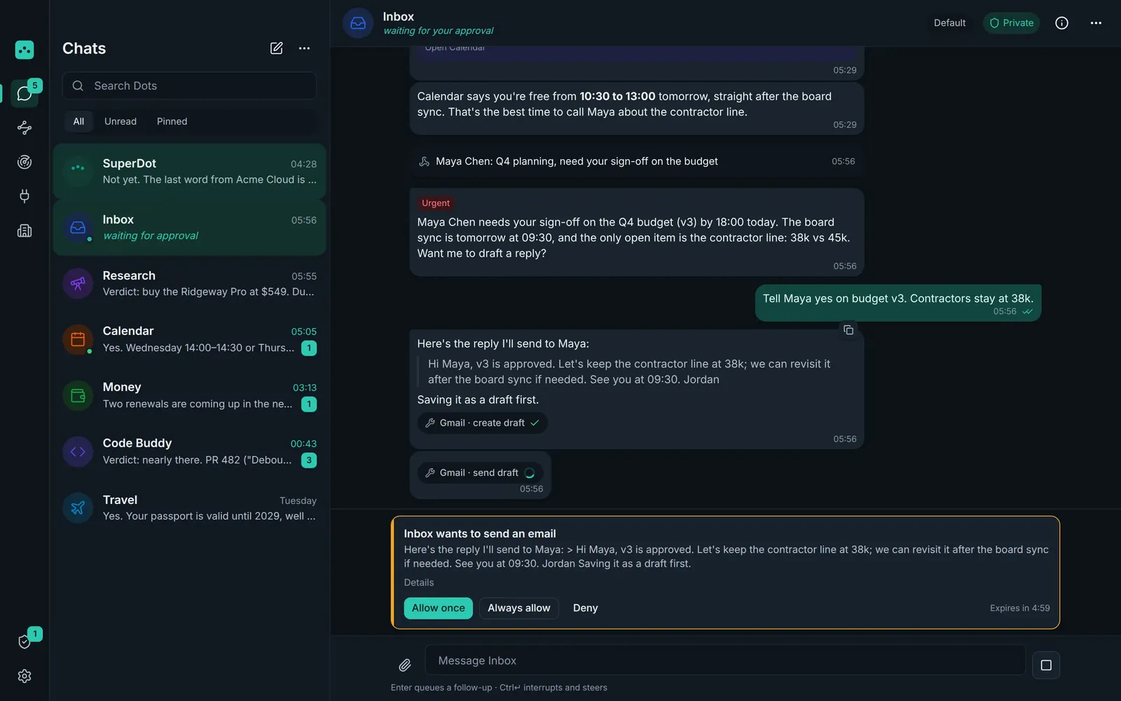 OpenDot approval card asking the user to allow or deny an action a Dot wants to take