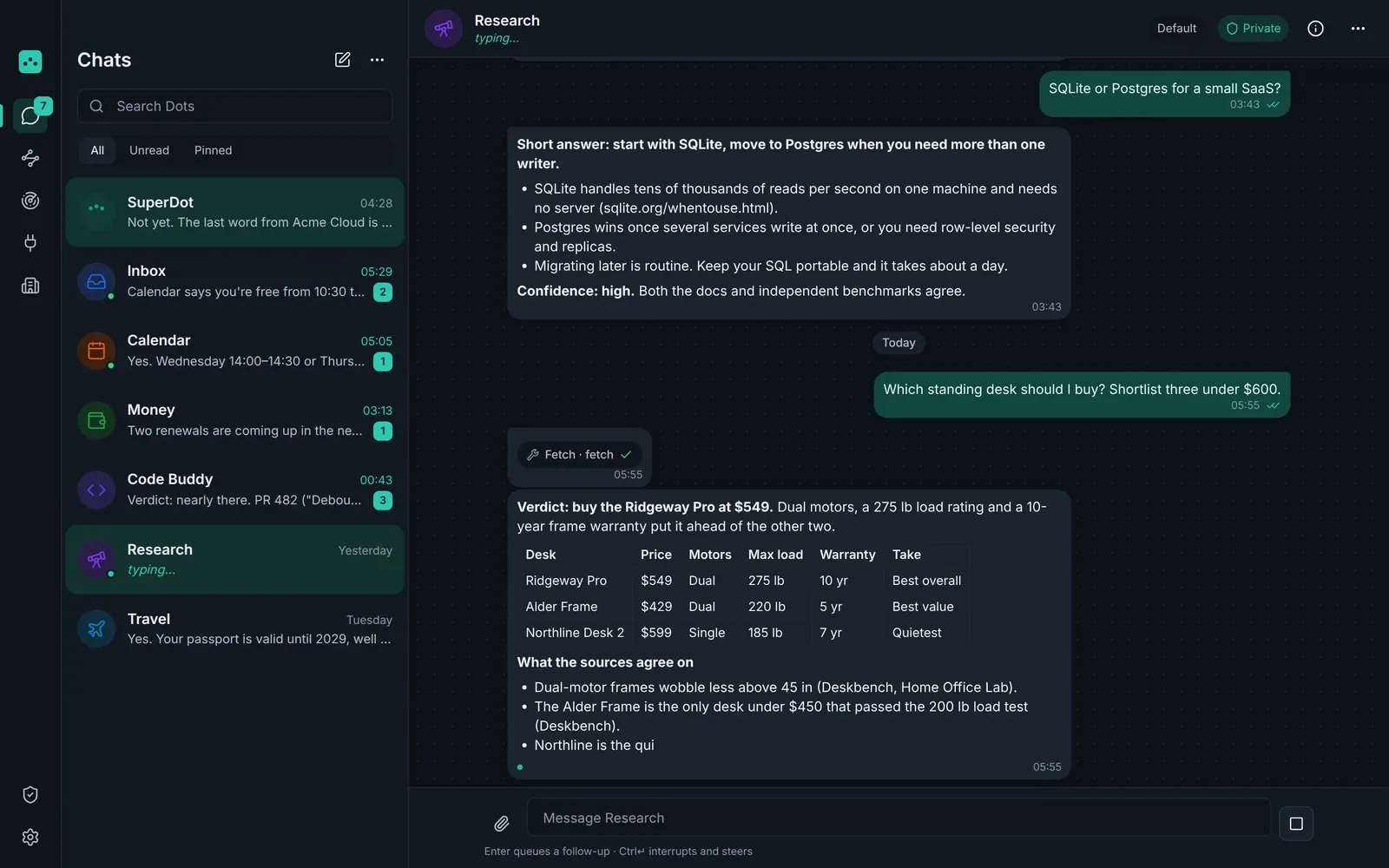 OpenDot chat streaming an answer with citations from several Dots