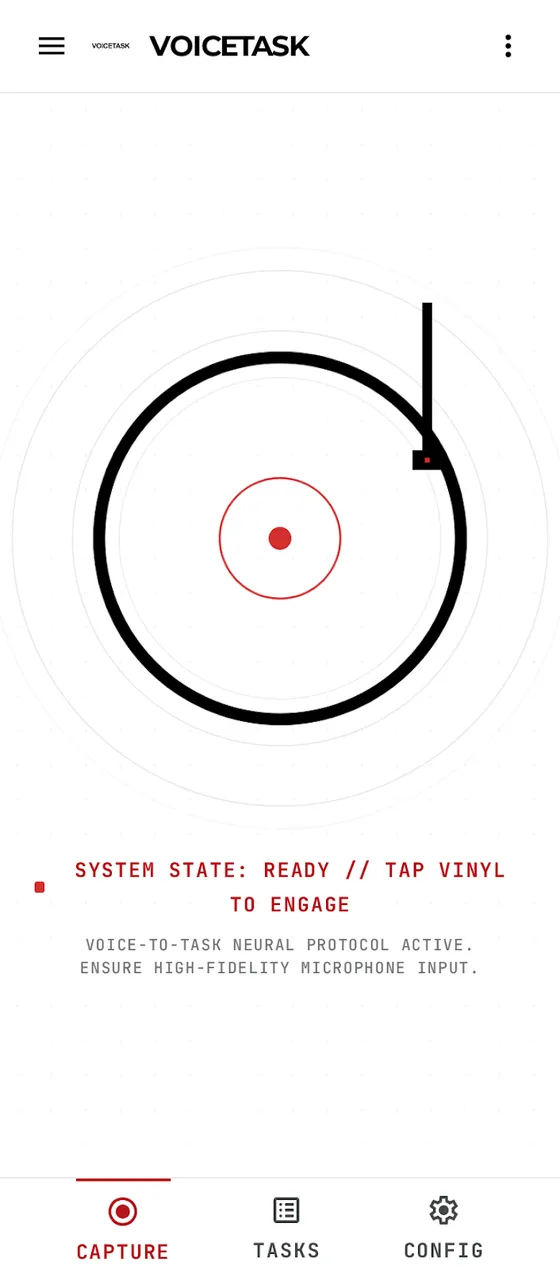 VoiceTask capture screen with a large record control and a system state line